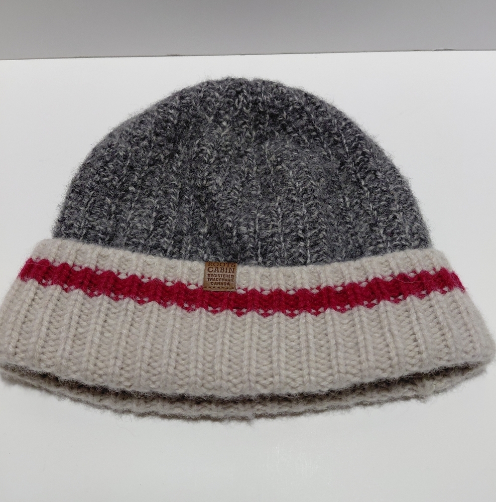 Roots Cabin Child's Toque Gray and Cream Knit Beanie with Red Stripe